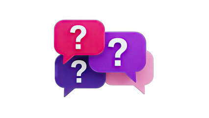 3D Question mark in colorful speech bubbles on transparent background
