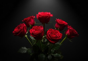 Beautiful bouquet of red roses blossom with green leaf and petals on black background as a romantic Valentine gift of love and beauty