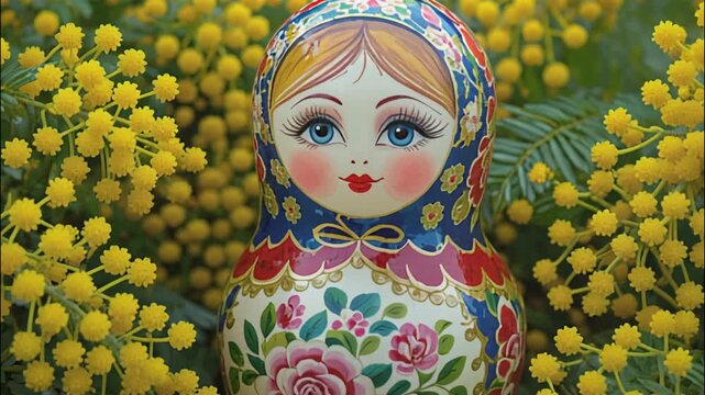 Traditional Russian matryoshka doll with floral painting among yellow mimosa flowers