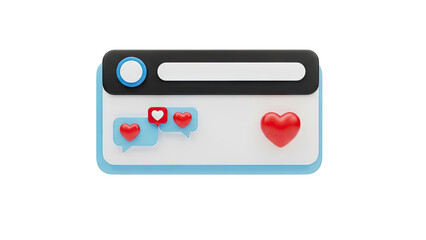 3D Social Media Icons: Hearts and Chat Bubbles on transparent background