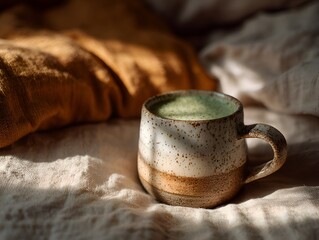 A cup of green matcha tea sits on rumpled linen sheets in soft morning sunlight, creating a peaceful and inviting atmosphere for relaxation.