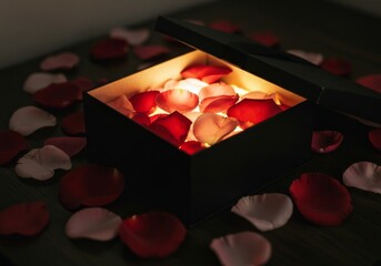 A romantic red rose and burning candles on a table create a festive holiday decoration for a Valentine's Day spa celebration or a wedding gift