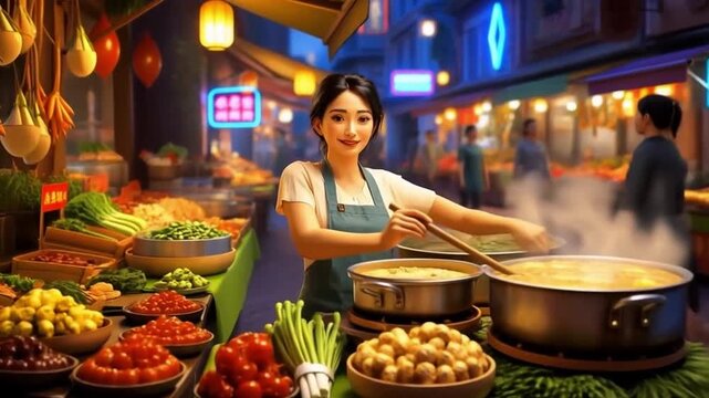Beautiful Asian Woman Street Food Seller