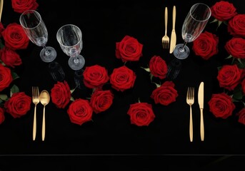 Romantic red roses and two wine glasses of champagne celebrate a Valentine anniversary or wedding gift on a black background