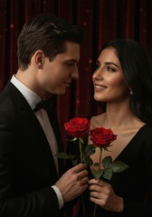 A smiling boyfriend gives a romantic gift of a red rose bouquet to his happy girlfriend during a Valentine's date, celebrating their love and relationship with a beautiful flower
