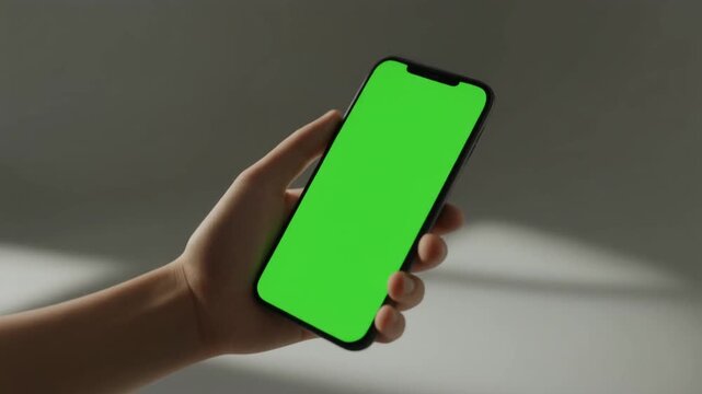 Close-up of a human hand holding a sleek, modern smartphone with a vibrant green screen display, perfect for digital content insertion and app presentation mockups