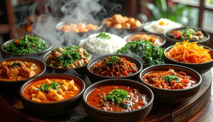 Obraz premium A vibrant Asian market display features fresh healthy Indian spices and colorful vegetables for a delicious traditional meal or authentic cuisine dish