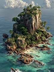 A breathtaking floating island paradise hovering above crystal blue tropical waters