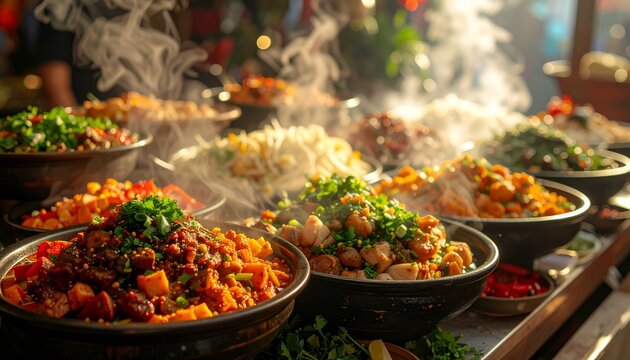 A vibrant Asian market display features fresh healthy Indian spices and colorful vegetables for a delicious traditional meal or authentic cuisine dish
