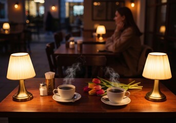 A woman enjoys a romantic dinner table setting at a cafe restaurant featuring a hot cup of espresso and a teapot on the table