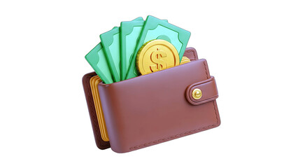 3D Wallet with money and gold coin on transparent background