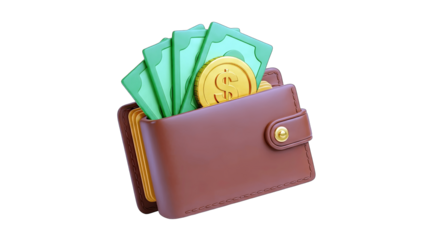 3D Wallet with money and gold coin on transparent background