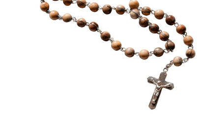 Wooden Catholic Rosary Beads with Silver Cross Isolated on White Background