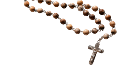 Wooden Catholic Rosary Beads with Silver Cross Isolated on White Background