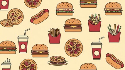 Seamless pattern of various cartoon fast food items on light background.