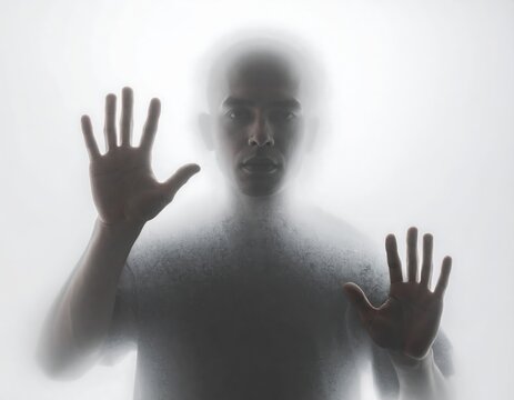Silhouette of man behind frosted glass with hands raised, abstract isolation concept