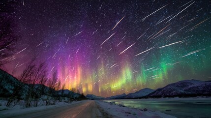 Fototapeta premium Mesmerizing Northern Lights and Shooting Stars Over Snowy Landscape