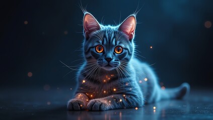 Enigmatic Feline with Mesmerizing Orange Eyes and Sparkling Aura Resting in a Deep Blue Night, Evoking a Sense of Mystical Wonder and Serene Enchantment