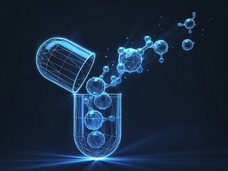 Glowing blue molecular structure emerging from a beaker