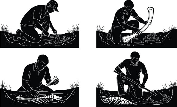 Black silhouette vector illustration of archaeologists and paleontologists excavating fossils, bones, skeletons, and artifacts in detailed excavation scenes.