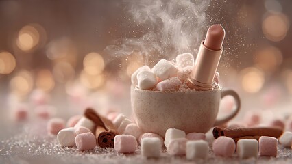Cozy up with hot chocolate and marshmallows with a touch of glamour, celebrating winter indulgence and self-care moments in a warm, inviting setting