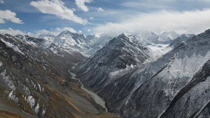 Expansive view of snow-covered mountain peaks surrounding a winding river in a valley, showcasing the grandeur of nature, with clouds drifting across the blue sky, creating a serene atmosphere