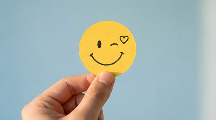 Person holding a yellow paper circle with a hand drawn winking smiley face and a heart eye,concept of happiness,satisfaction,positive emotion,kindness,mental health,joy,and joyfulness.