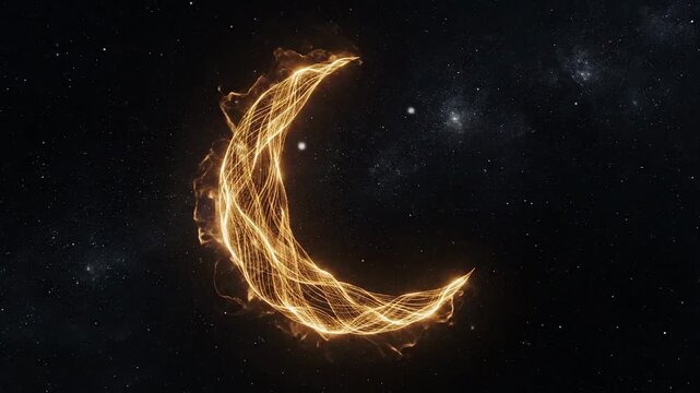 Glowing crescent moon shape made of golden light trails against a starry night sky with a deep black background.