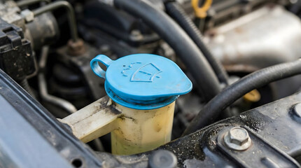 Close up of a car windshield washer fluid reservoir tank with a blue cap under the hood of a vehicle,concept of routine car maintenance,safety check,and automotive liquid levels.