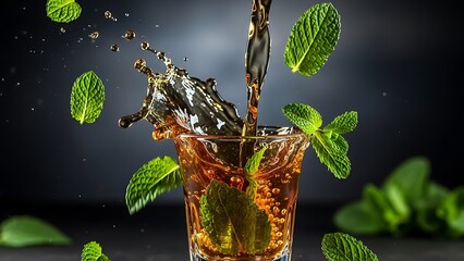 Refreshing Mint Drink Being Poured into Glass.