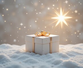 Una caja de regalo minimalista con un dise&ntilde;o intrincadamente envuelto se sit&uacute;a sobre un fondo blanco nieve n&iacute;tido, iluminado suavemente por una estrella