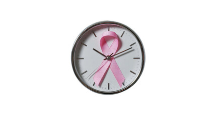 Wall Clock with Pink Breast Cancer Awareness Ribbon Isolated on White Background