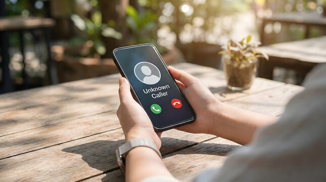 Person holding smartphone with unknown caller screen,potential scam or spam call,telemarketing fraud warning,suspicious phone number,mobile communication risk,privacy security threat,danger.