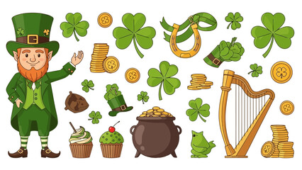 A collection of St. Patrick's Day themed illustrations including a leprechaun, shamrocks, gold coins, a pot of gold, and a harp.