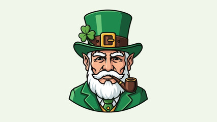 A cartoon illustration of an old man with a white beard and mustache, wearing a green top hat with a shamrock and a green suit, smoking a pipe.