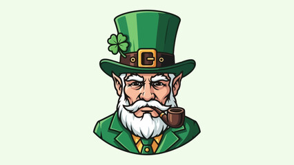 Leprechaun with green hat, clover, pipe, and beard on light green background.