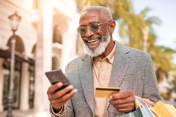 Man compares prices on smartphone while shopping outdoors in sunny weather Generative AI