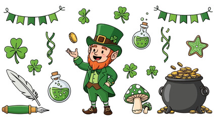 A vibrant illustration featuring a leprechaun juggling a gold coin, surrounded by St. Patrick's Day themed elements.