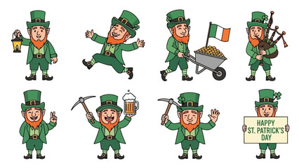 St. Patrick's Day leprechaun cartoon characters with gold, beer, and Irish flag.