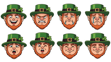 A collection of eight cartoon leprechaun faces displaying a variety of emotions, each wearing a green hat with a shamrock.