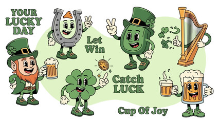 Retro-style St. Patrick's Day illustration featuring a leprechaun, horseshoe, clover, and beer.