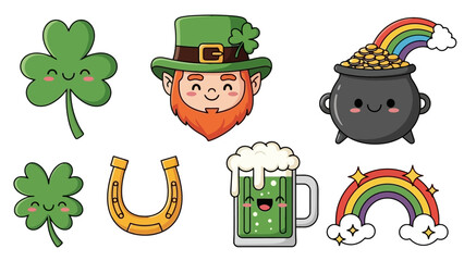 Cute St. Patrick's Day themed illustration featuring a leprechaun, shamrocks, and a rainbow.