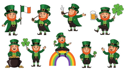 A collection of cartoon leprechauns celebrating St. Patrick's Day with shamrocks, a pot of gold, and a rainbow.