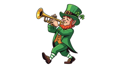 A cartoon leprechaun in a green suit and hat plays a trumpet while marching. © Busters 