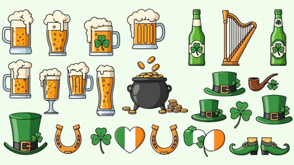 St. Patrick's Day themed vector art with beer, hats, and Irish symbols.
