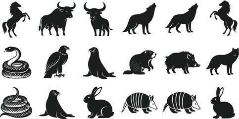 Black silhouette vector illustration of multiple animals including horse, bull, wolf, snake, eagle, rabbit, fox, boar, beaver artwork design © Maminul
