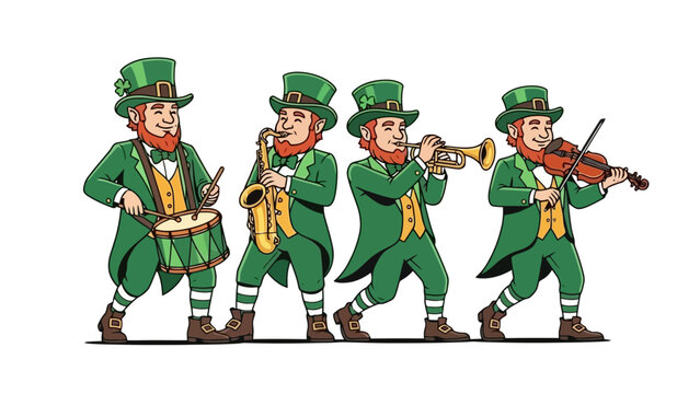 Illustration of a band of four leprechauns in green outfits playing musical instruments.