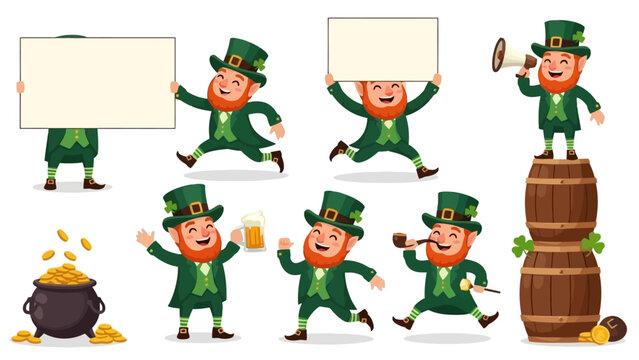 A collection of cartoon leprechauns in various poses, celebrating St. Patrick's Day with gold coins, beer, and signs.