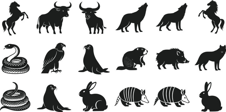 Black silhouette vector illustration of multiple animals including horse, bull, wolf, snake, eagle, rabbit, fox, boar, beaver artwork design