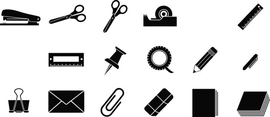 Obraz premium Black silhouette vector illustration of office and school supplies icons including stapler, scissors, ruler, pencil, pen, paperclip, envelope, eraser.